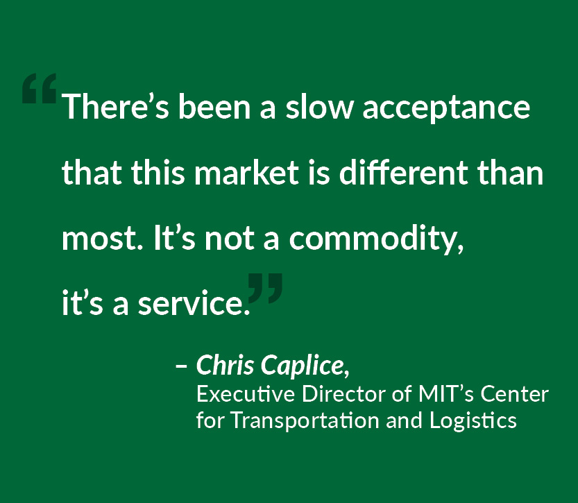 “There’s been a slow acceptance that this market is different than most,” says Chris Caplice, Executive Director of MIT’s Center for Transportation and Logistics. “It’s not a commodity, it’s a service.”